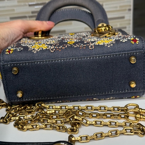 LADY DIOR DENIM ALL HAND STUDDED AND STITCHED with beautiful gold hardware SMALL - Picture 5 of 10
